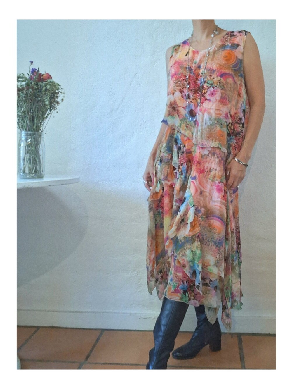 VTG Y2K Silk Watercolor Floral Tiered Maxi Dress 2000s Ruffle Chiffon Fairycore